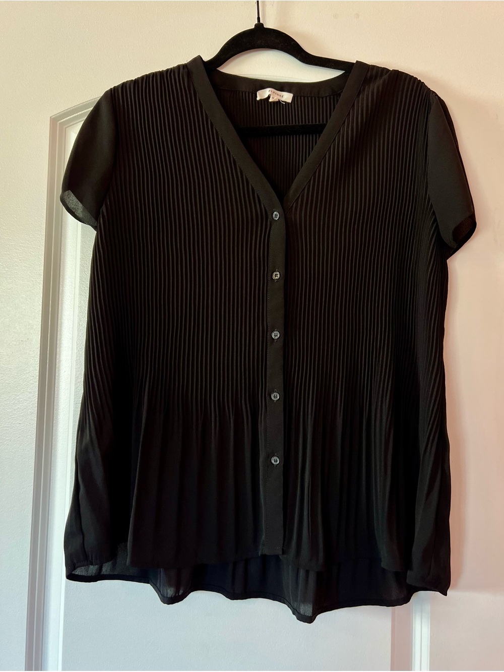 Pleione Black Pleated V-Neck Button Blouse
